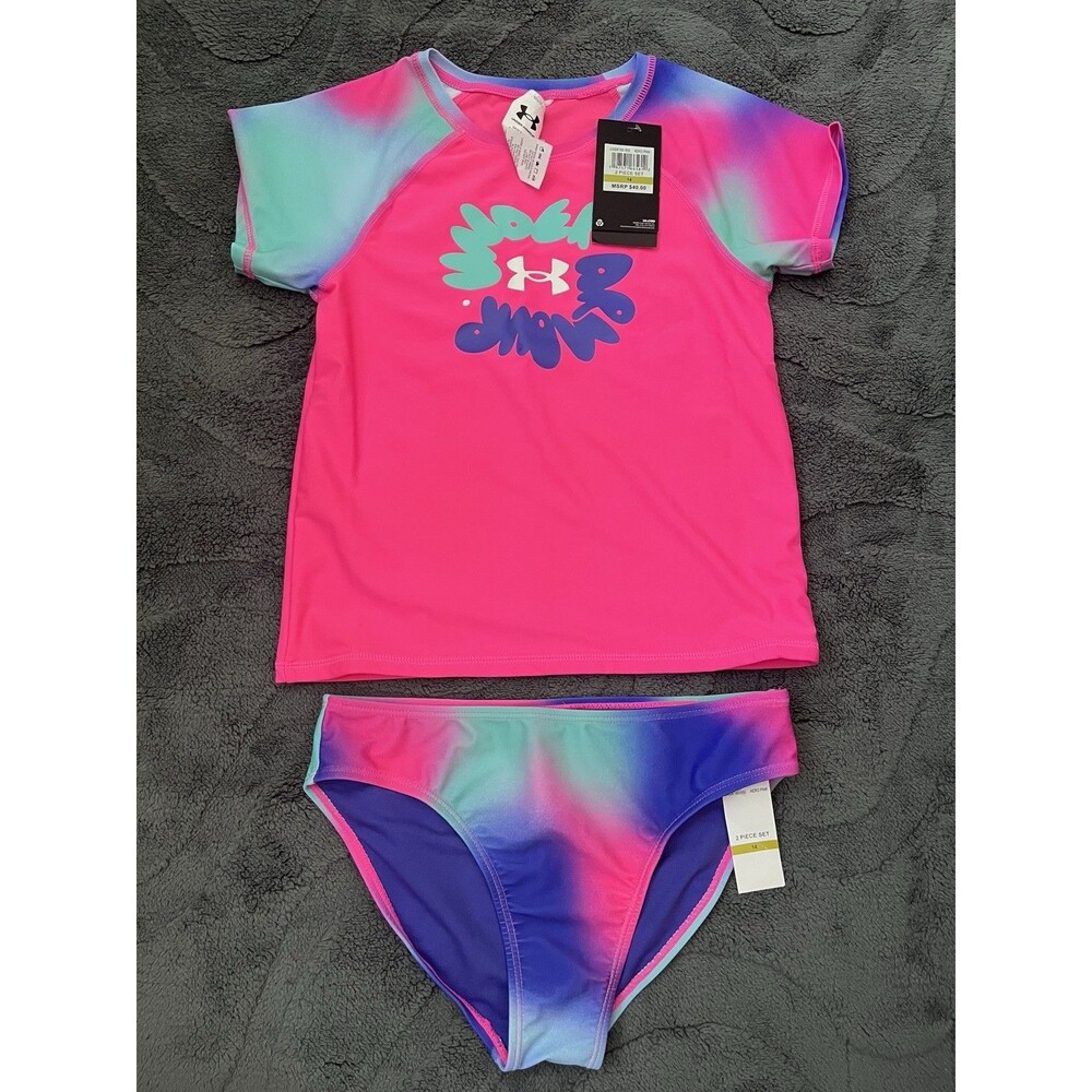 New Girls Under Armour Swimsuit 2 Piece Multicolor Size 14